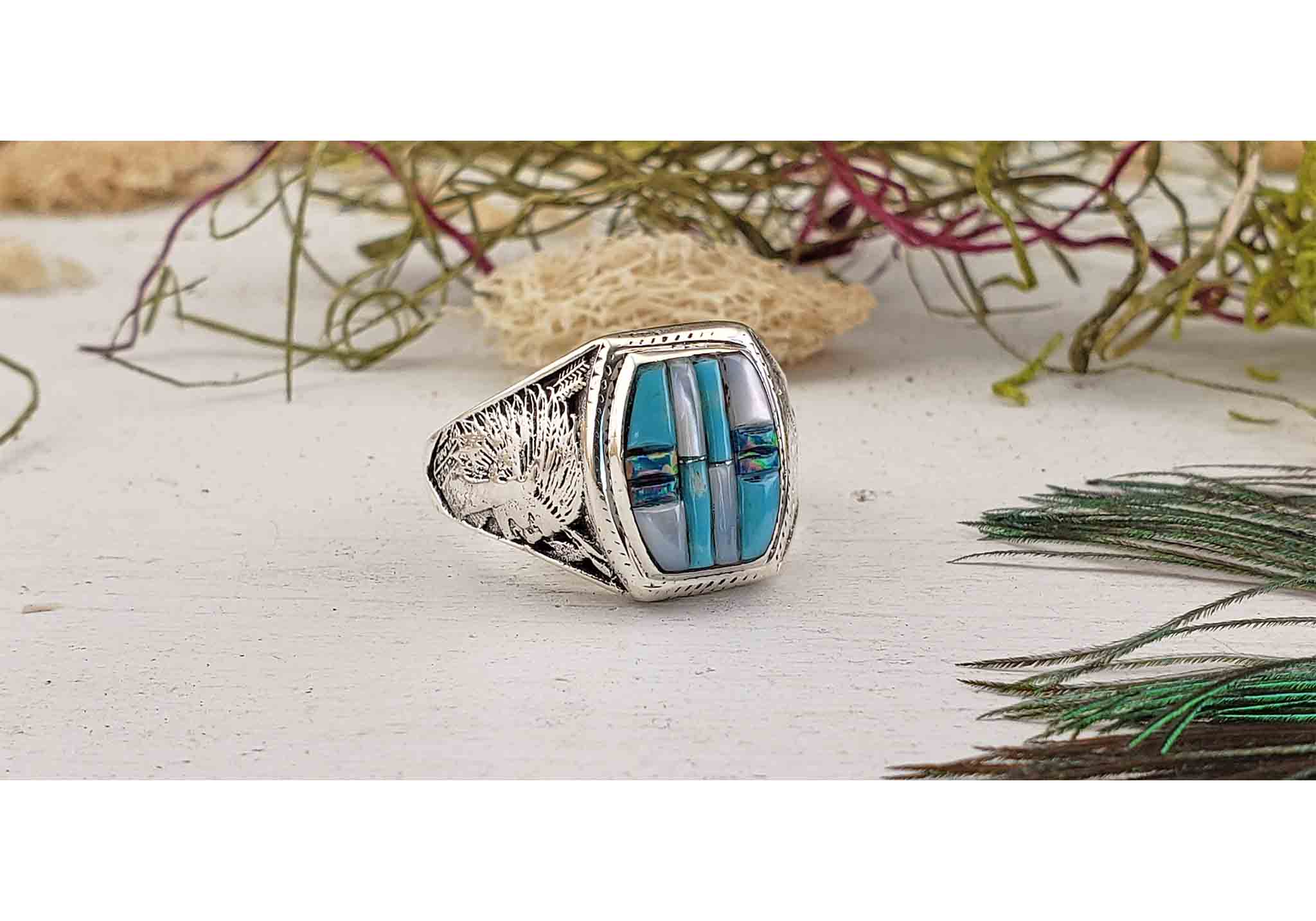 Gemstone Inlay Sterling Silver Ring with Mother of Pearl and Opal ...