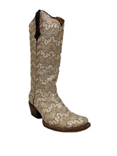 Tanner Mark Women's Cream Lace Silver Glitter Leather Boot- Style #TML380