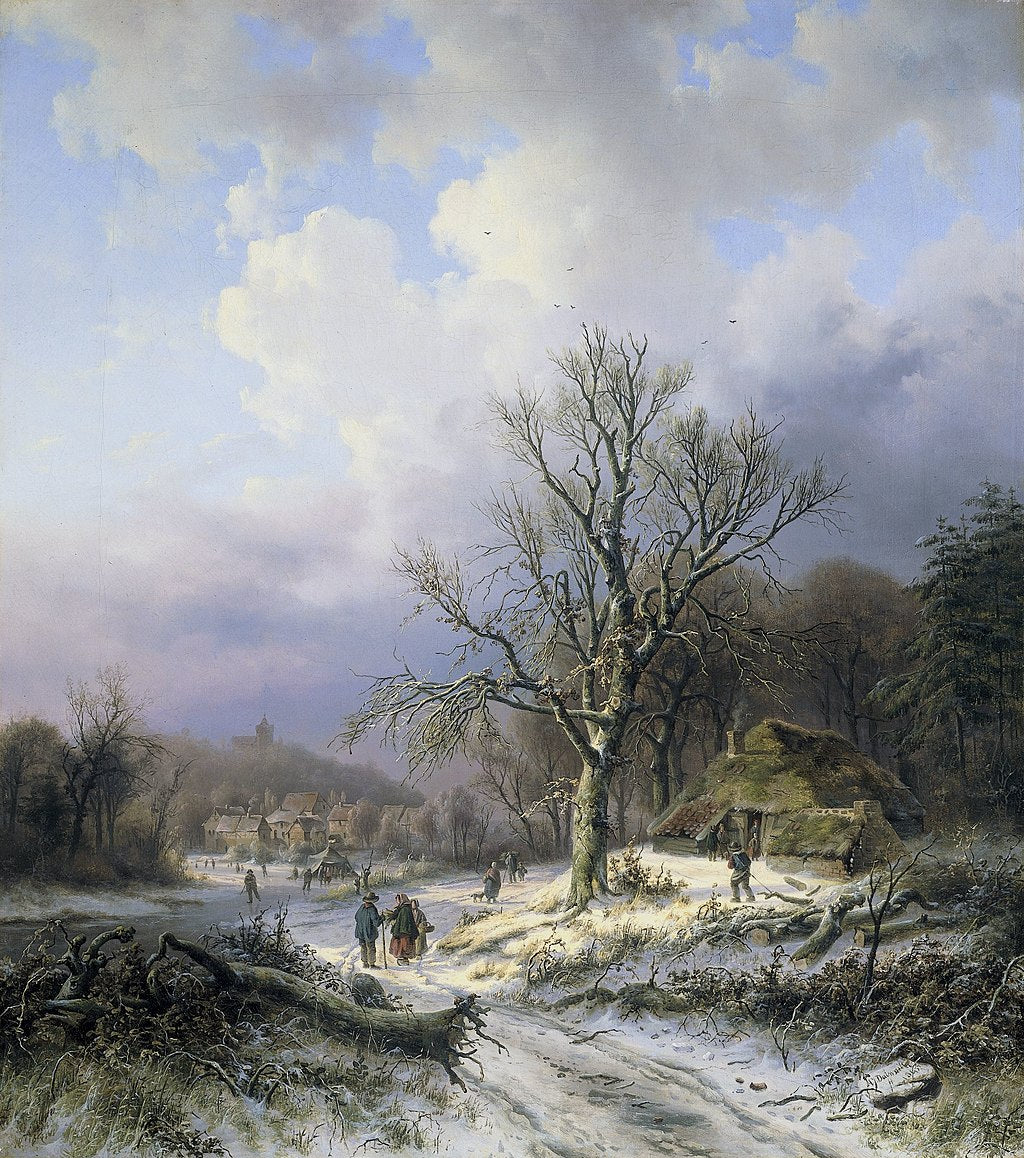 Alexander Joseph Daiwaille, Snowy Landscape. Several Figures And Houses In A Winter Landscape