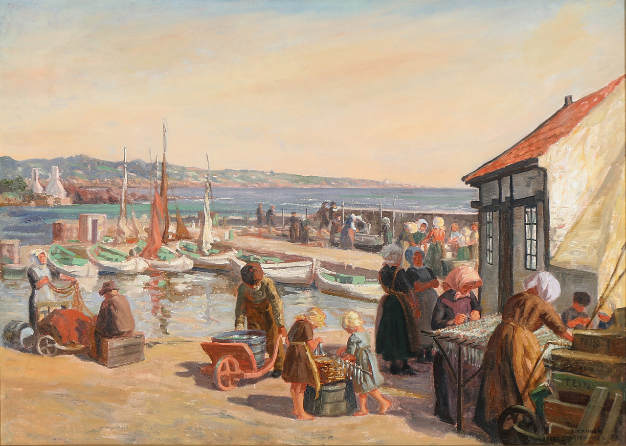 Luplau Janssen, Harbour Scene from Bornholm with Fishermen and Women Selling Fish (1924)