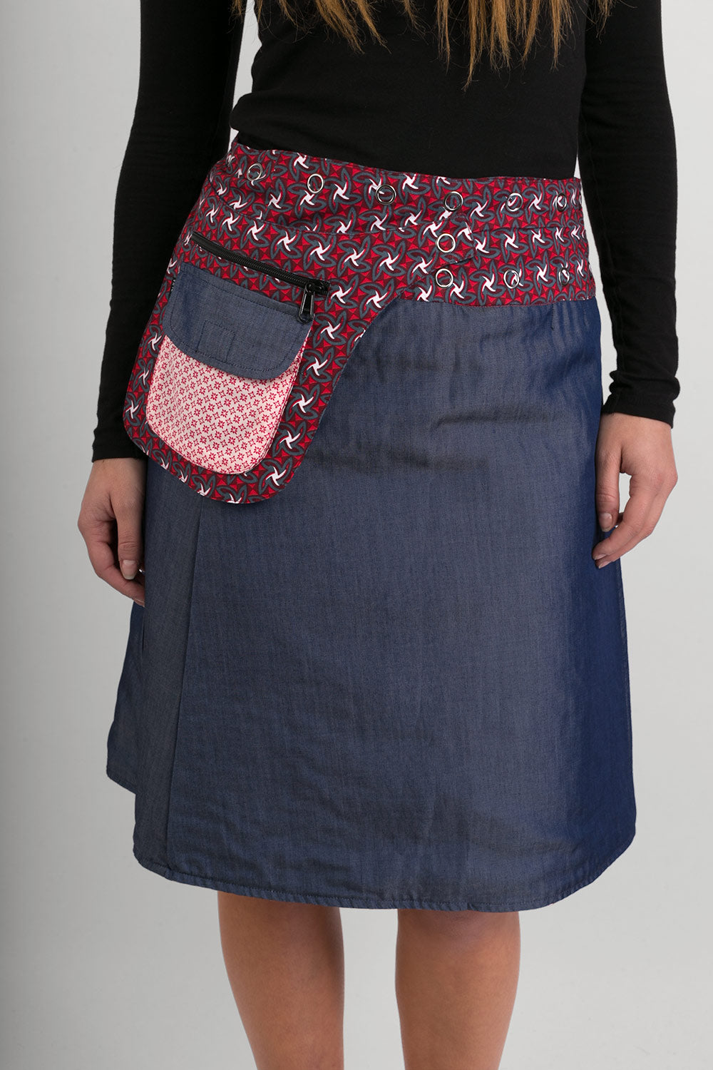 Reversible Cotton Skirt Red Patch Denim Detachable Pocket – Avalonia