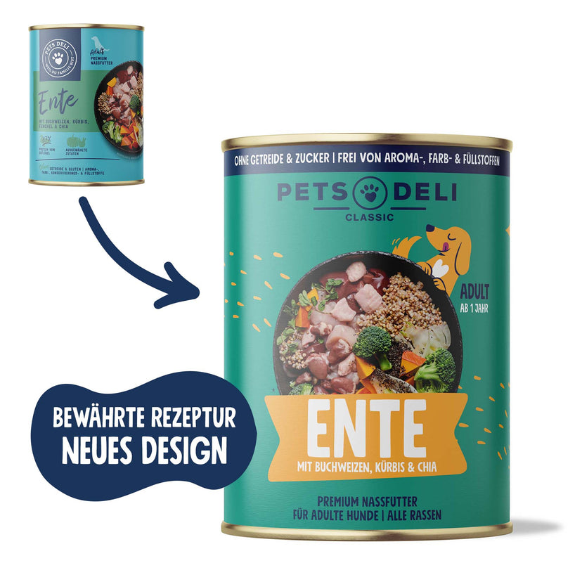 Nassfutter Ente mit Kürbis, Brokkoli, Chia und Fenchel für Hunde