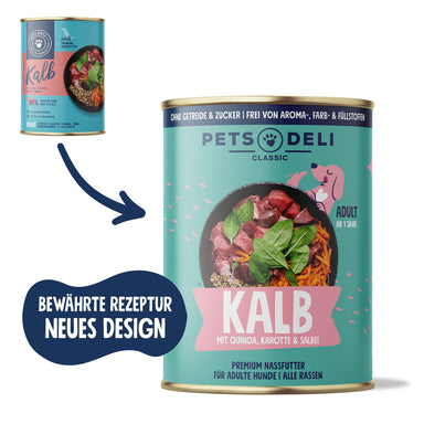 Nassfutter Kalb mit Quinoa, Karotte, Spinat und Salbei für Hunde