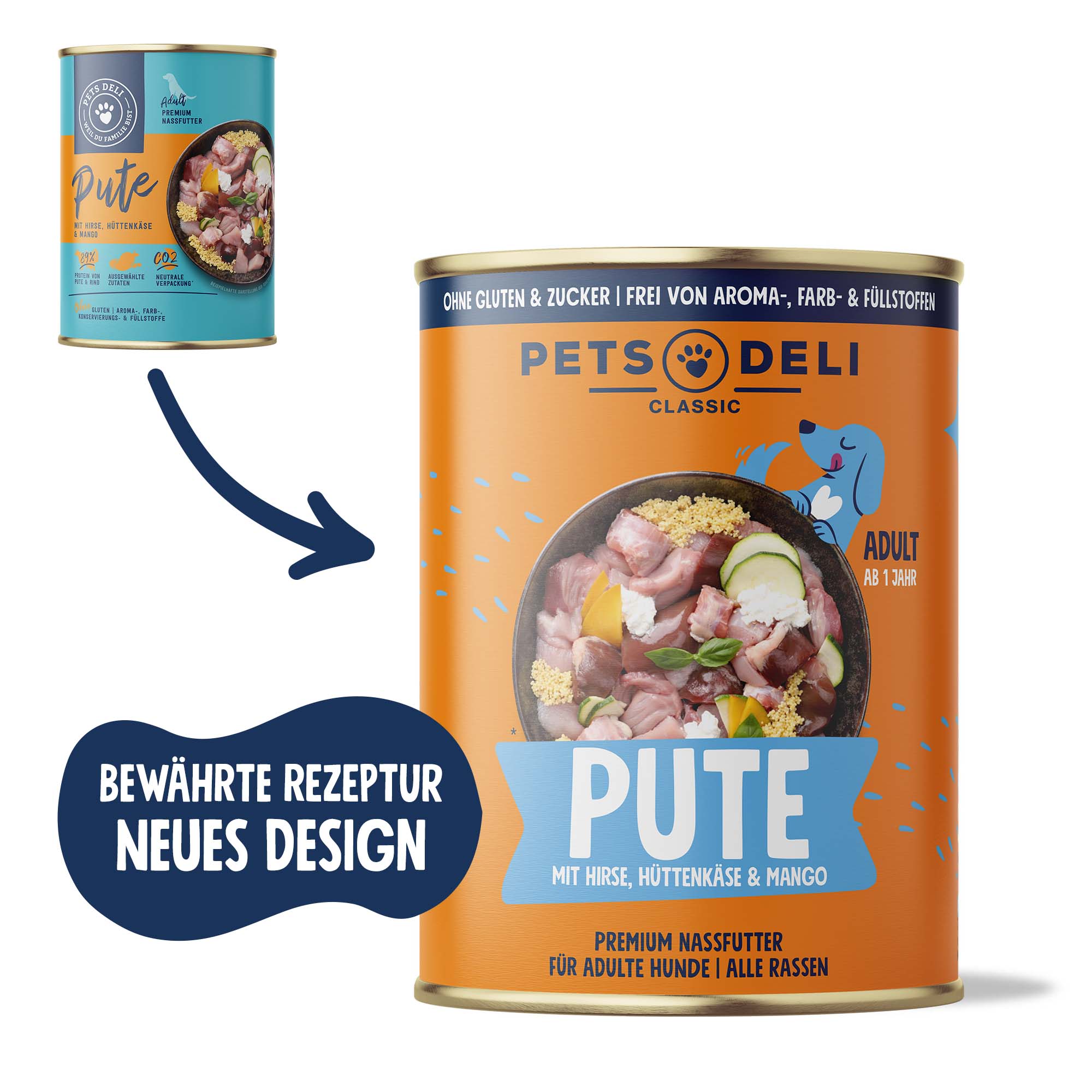 Nassfutter Classic Pute mit Hirse, Hüttenkäse und Mango für Hunde