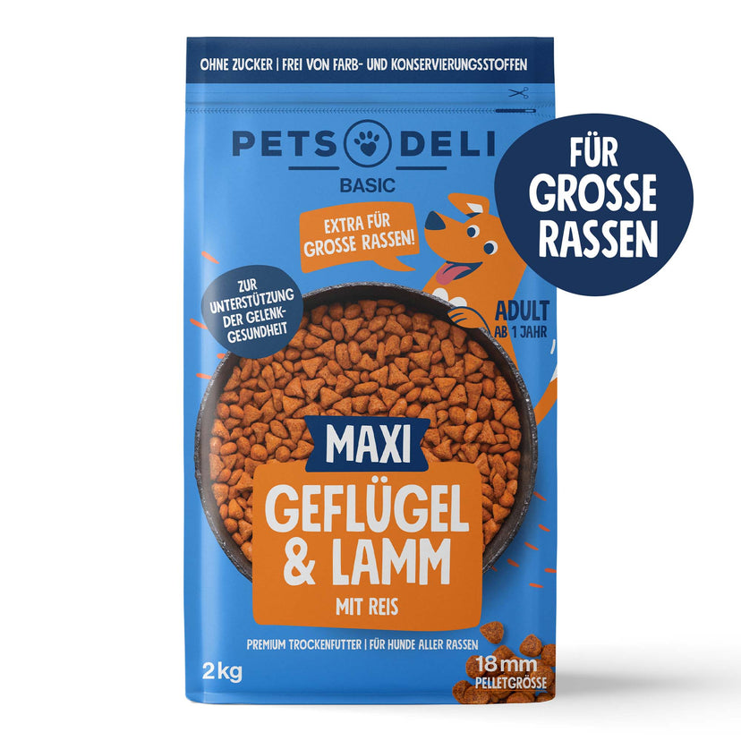 Trockenfutter Maxi Basic Geflügel & Lamm mit Reis für Hunde