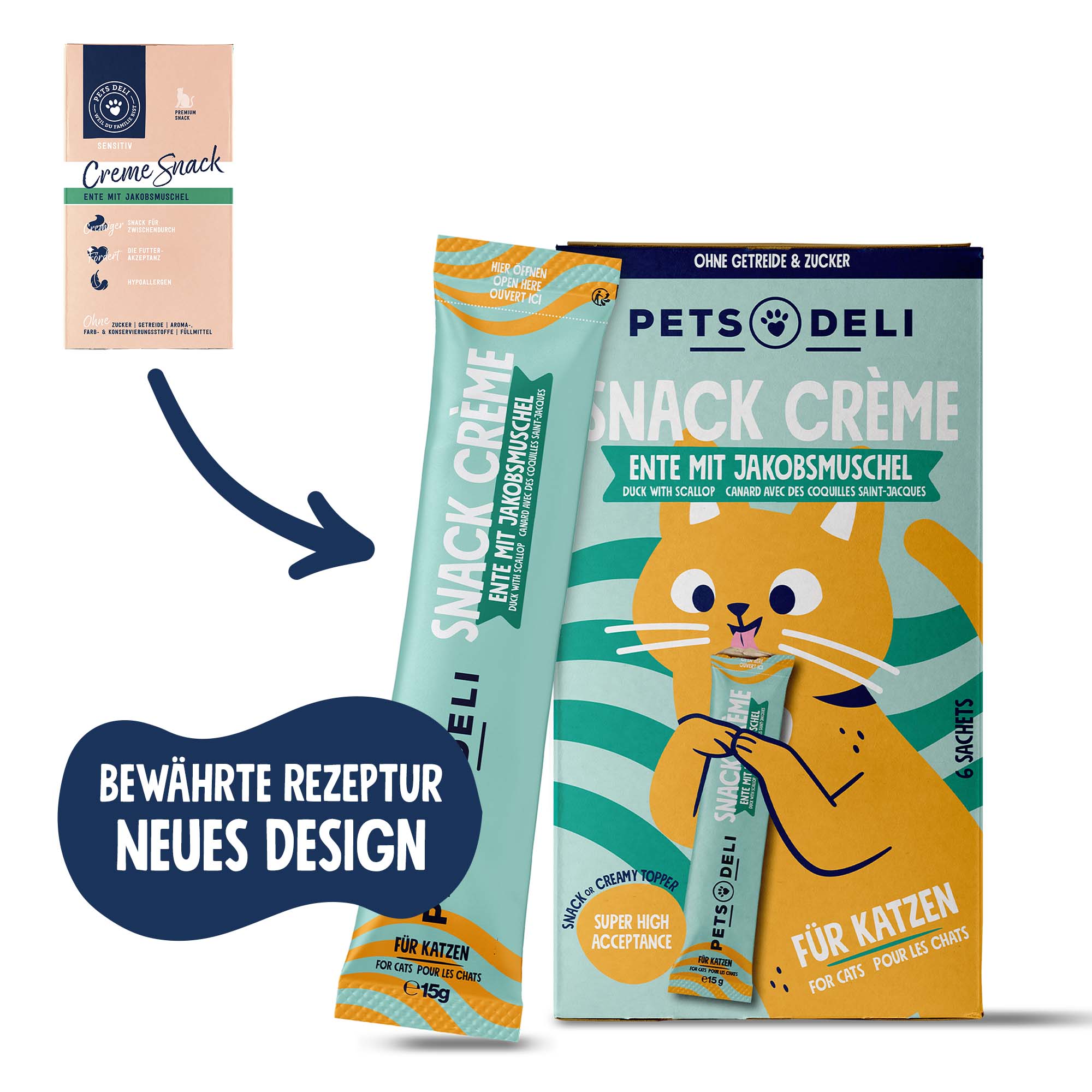 Akzeptanz Creme Snack Ente mit Jakobsmuschel für Katzen