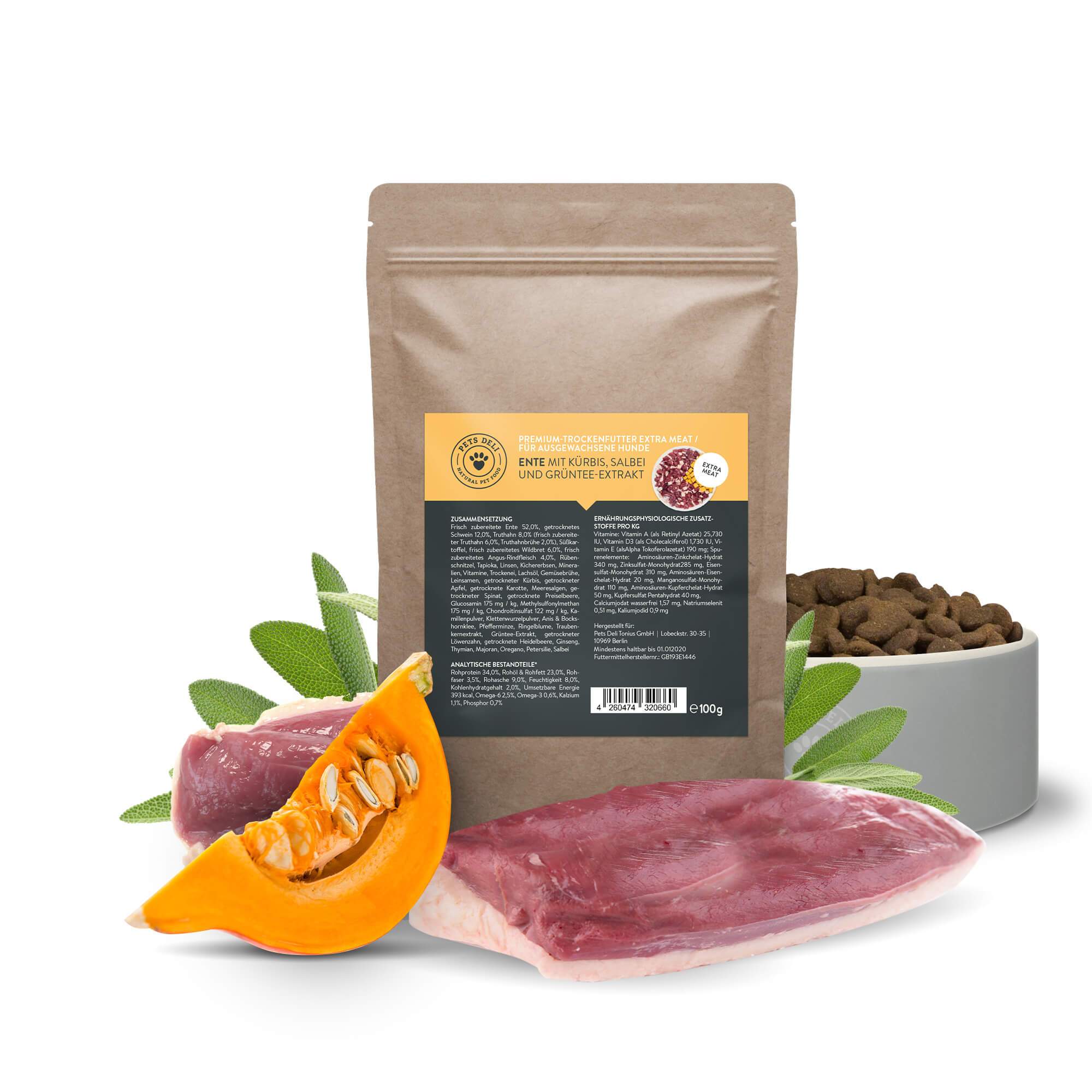 Trockenfutter Futterprobe EXTRA MEAT Ente mit Kürbis, Salbei und