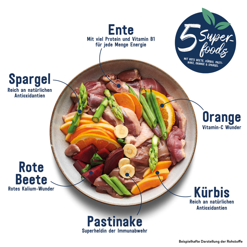 Trockenfutter Superfood Ente mit Pastinaken, Rote Beete, Orange, Spargel und Kürbis für Hunde