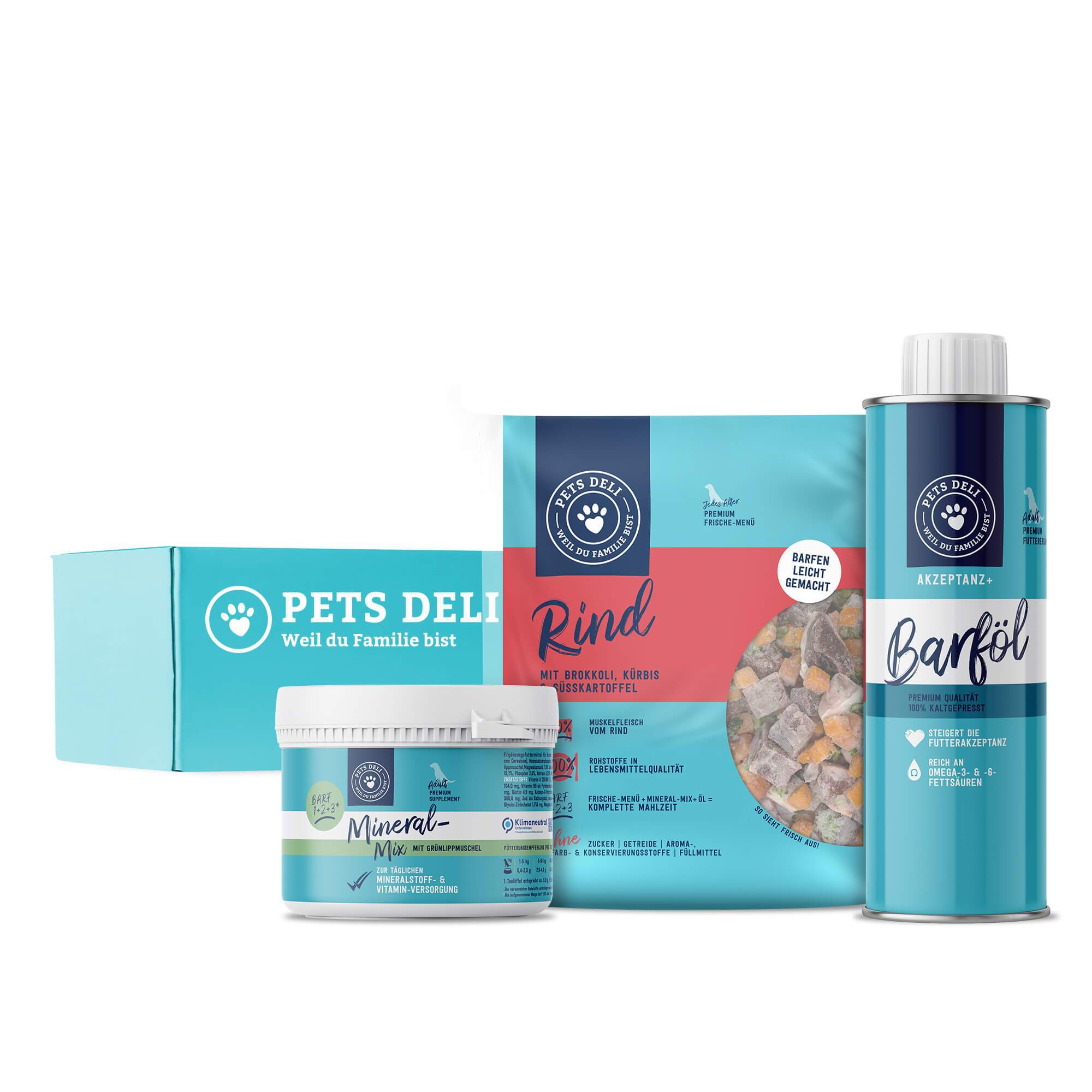 Pets Deli Rundum Sorglos Probierpaket mit Frische-Menü Rind, Mineral-Mix und Barföl für Hunde und Versandbox mit Logo