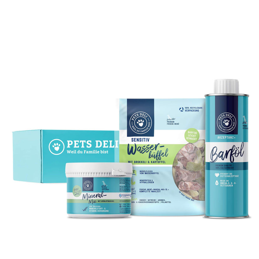 Pets Deli Rundum Sorglos Sensitiv Probierpaket mit Frische-Menü Wasserbüffel, Mineral-Mix und Barföl für Hunde und Versandbox mit Logo