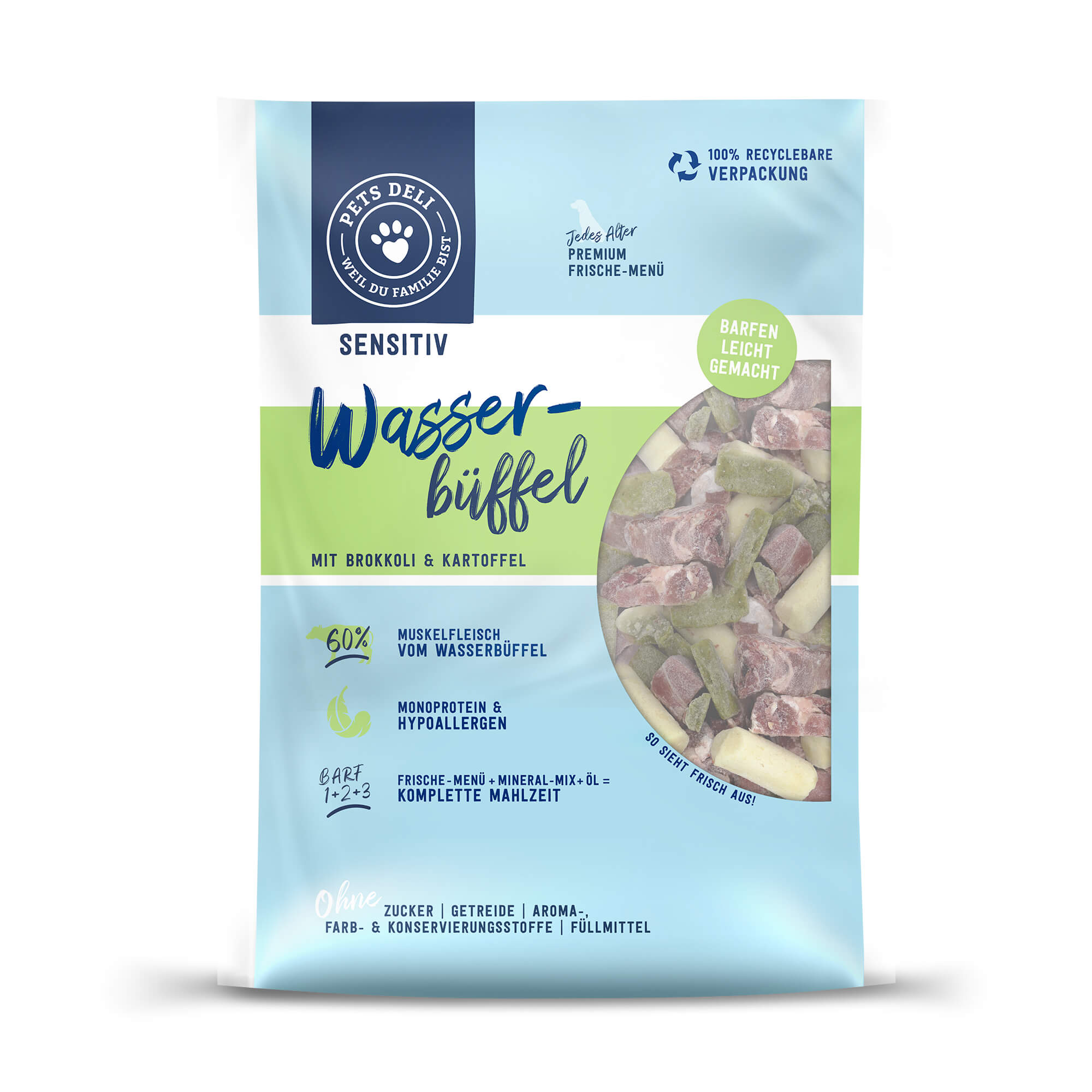 Vorderseite der Verpackung: Pets Deli Frische-Menü Wasserbüffel mit Brokkoli und Kartoffel für Hunde