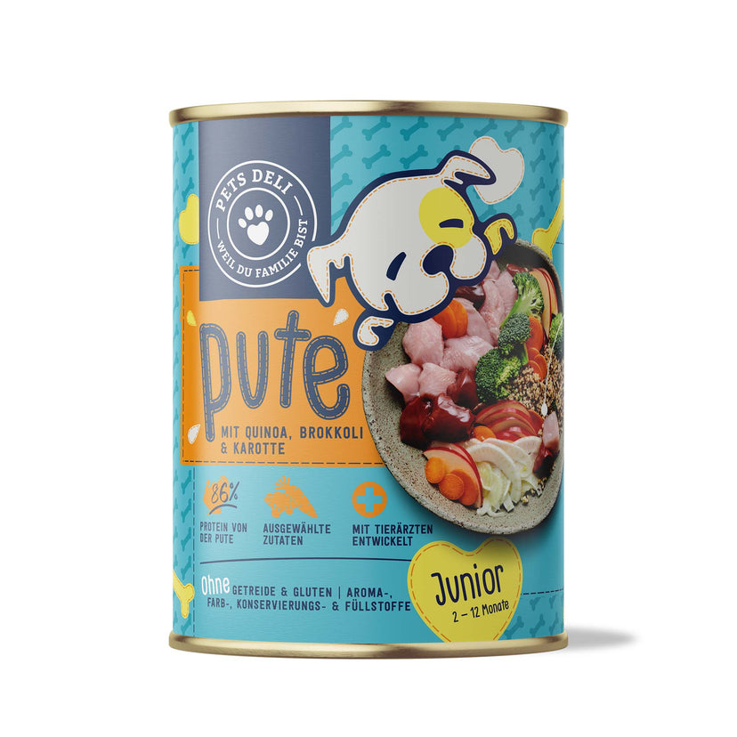 Junior-Nassfutter Pute mit Brokkoli, Karotte und Quinoa für Hunde