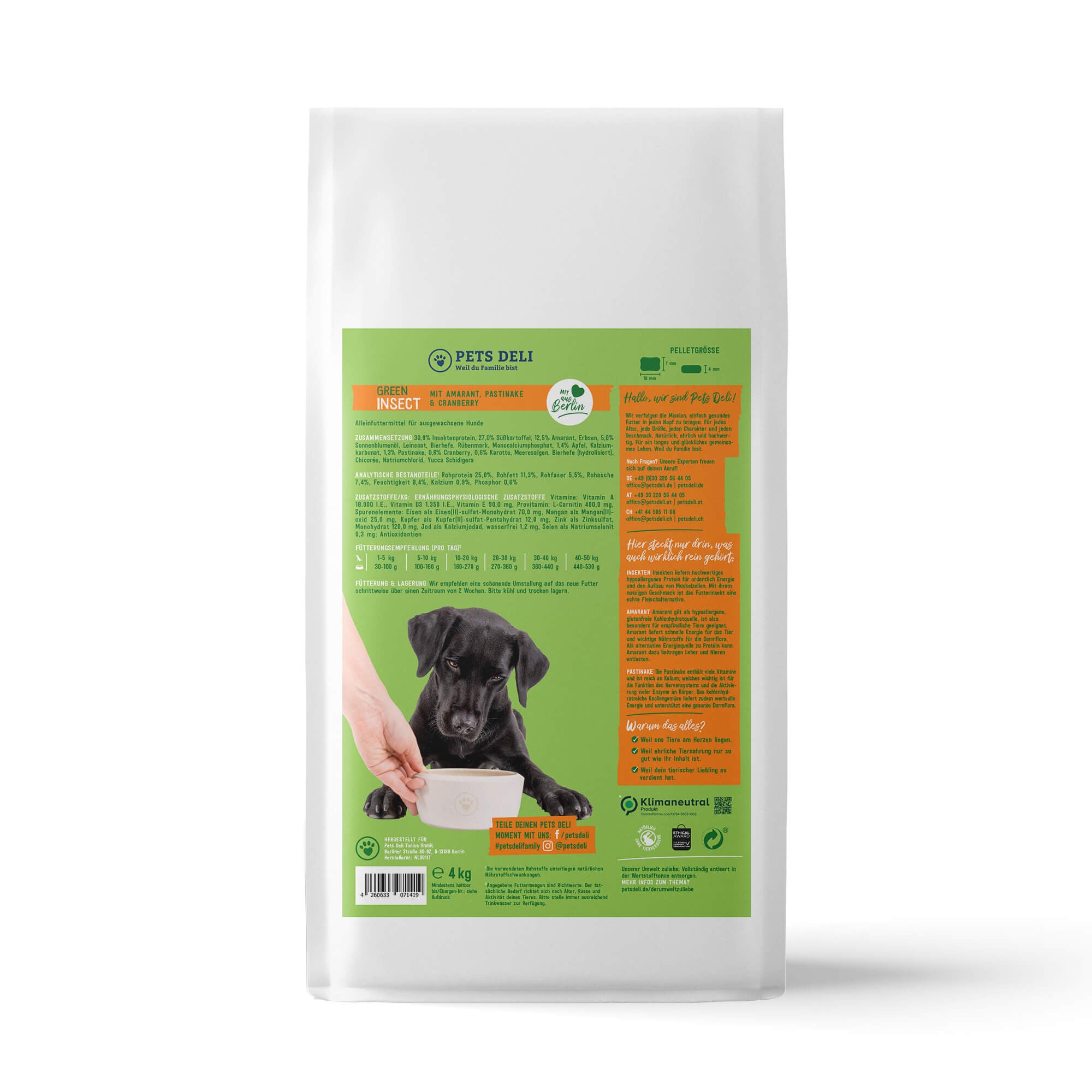Trockenfutter Green Extra Protein mit Amaranth, Pastinake und Cranberry - auf Insekten Basis für Hunde