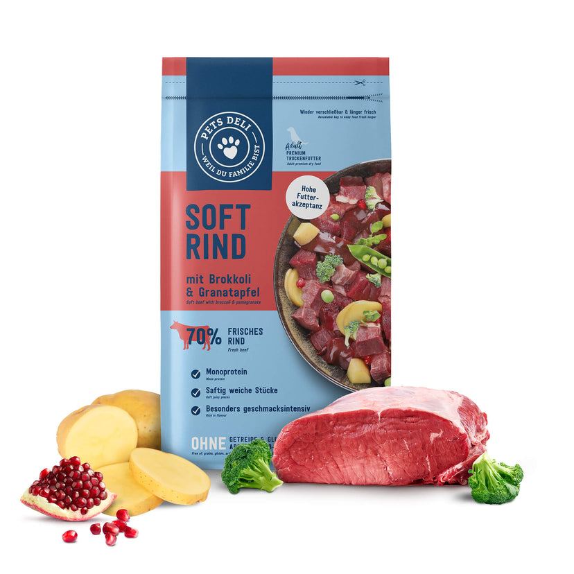 Trockenfutter Soft Rind mit Brokkoli & Granatapfel für Hunde