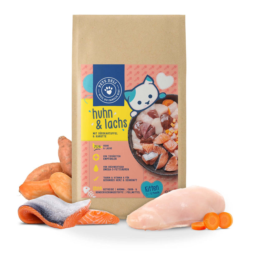 Trockenfutter Huhn & Lachs mit Süßkartoffel und Karotte Junior für Katzen