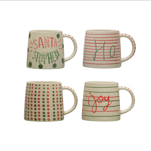 8 oz. Hand-Painted Stoneware Mug w/ Holiday Word/Pattern, Red & Green - Avenue 550