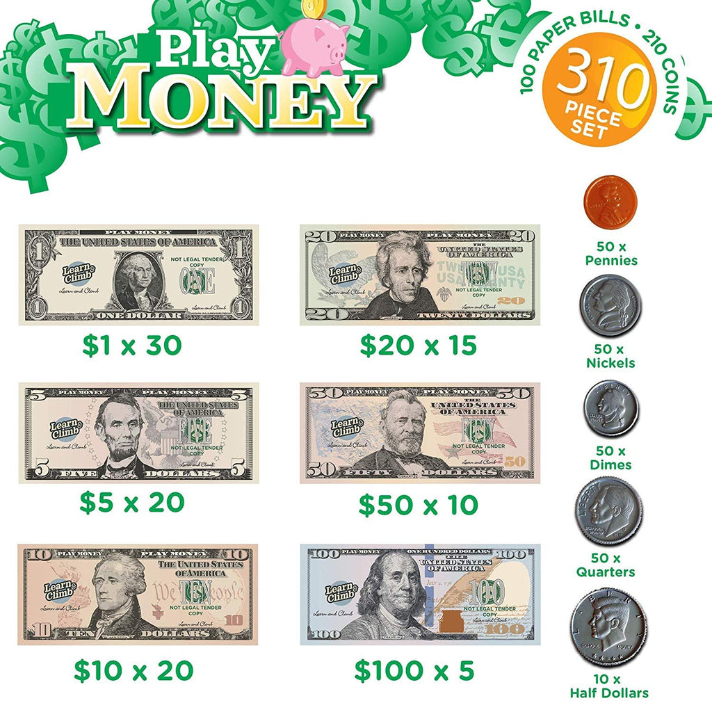 Kids Play Fake Money Set Bills & Coins – Learn & Climb