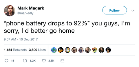 Funny tweet about needing to go home because of low cellphone battery
