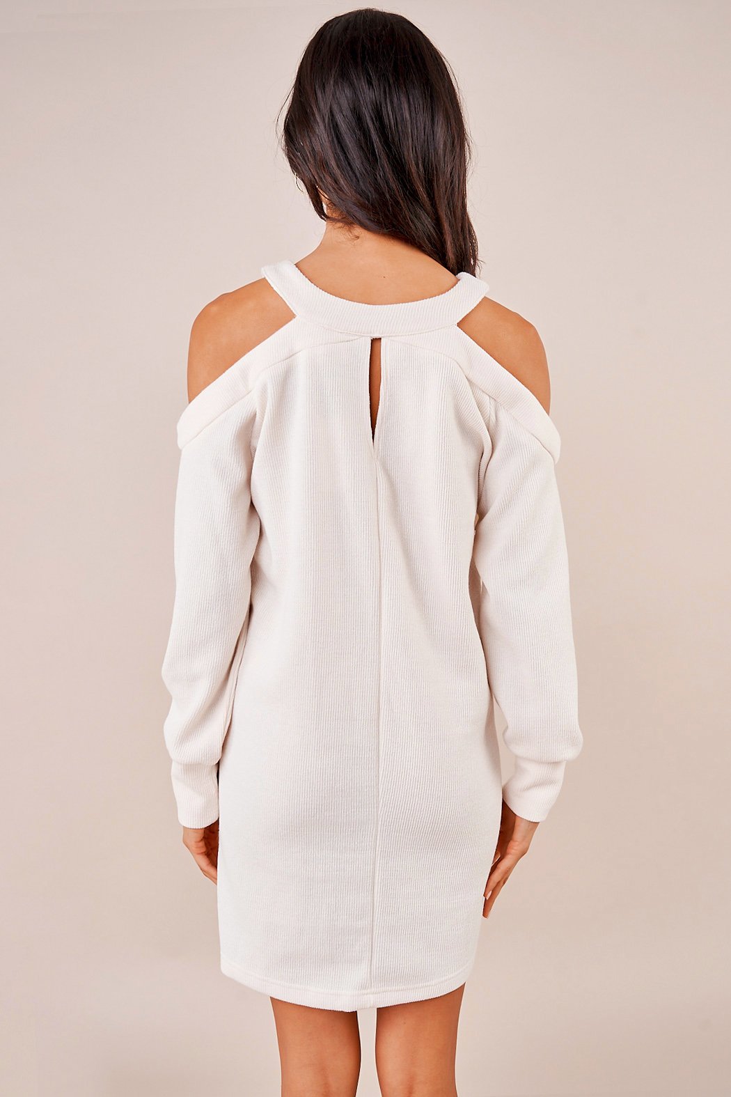 white cold shoulder sweater dress