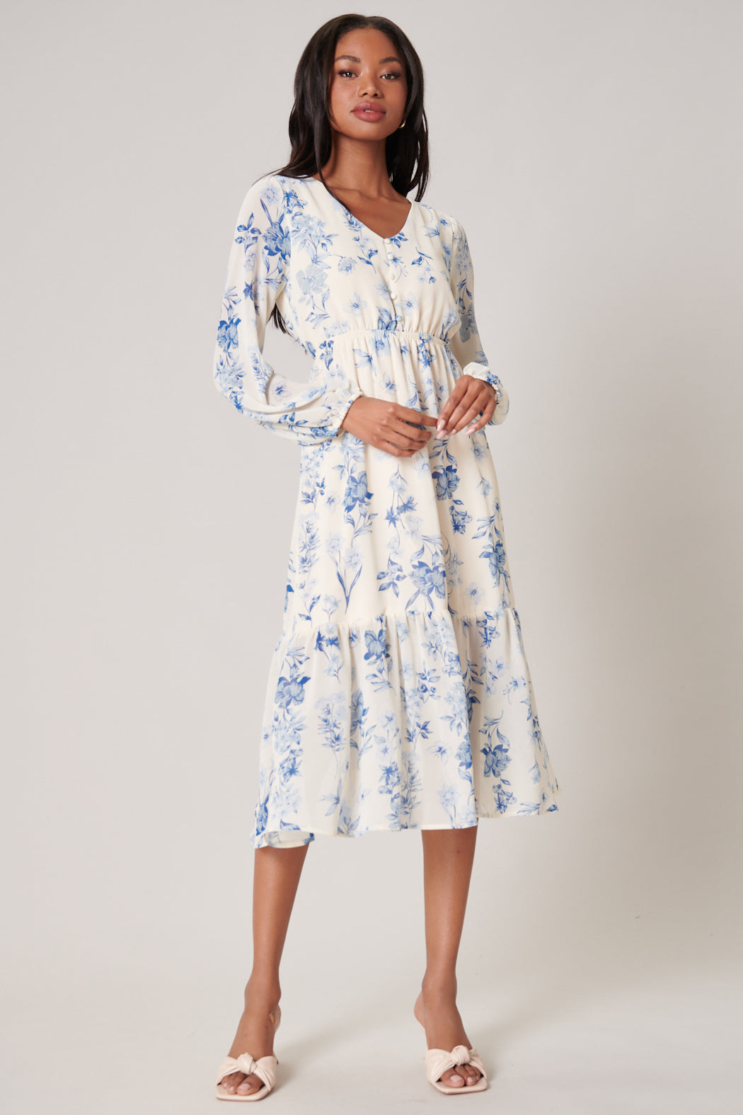 April Blue Floral Nellie Ruffle Midi Dress – Sugarlips