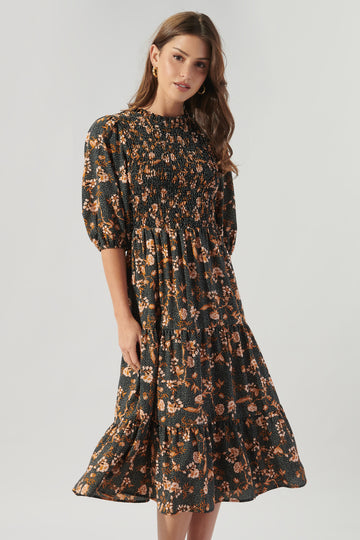 Jolene Floral Frazier Smocked Tiered Midi Dress – Sugarlips