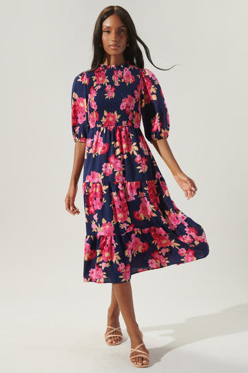 Jolene Floral Frazier Smocked Tiered Midi Dress – Sugarlips