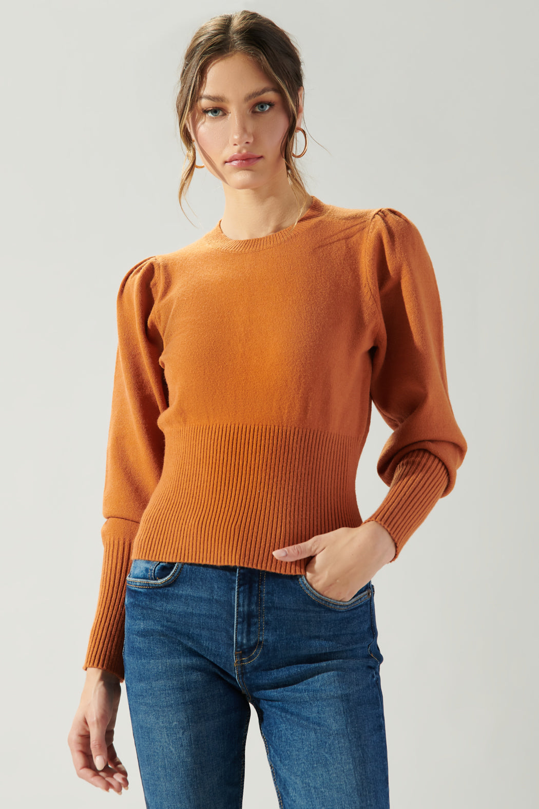 orange puff sleeve sweater