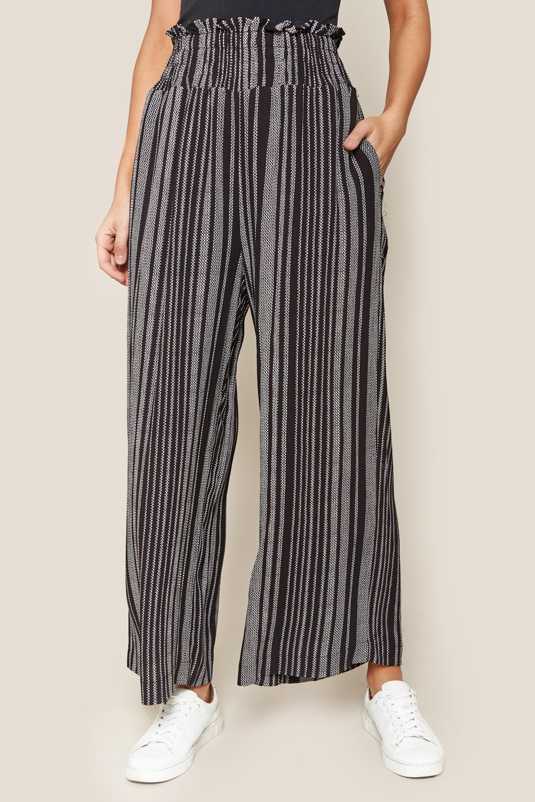 black and white striped wide leg trousers