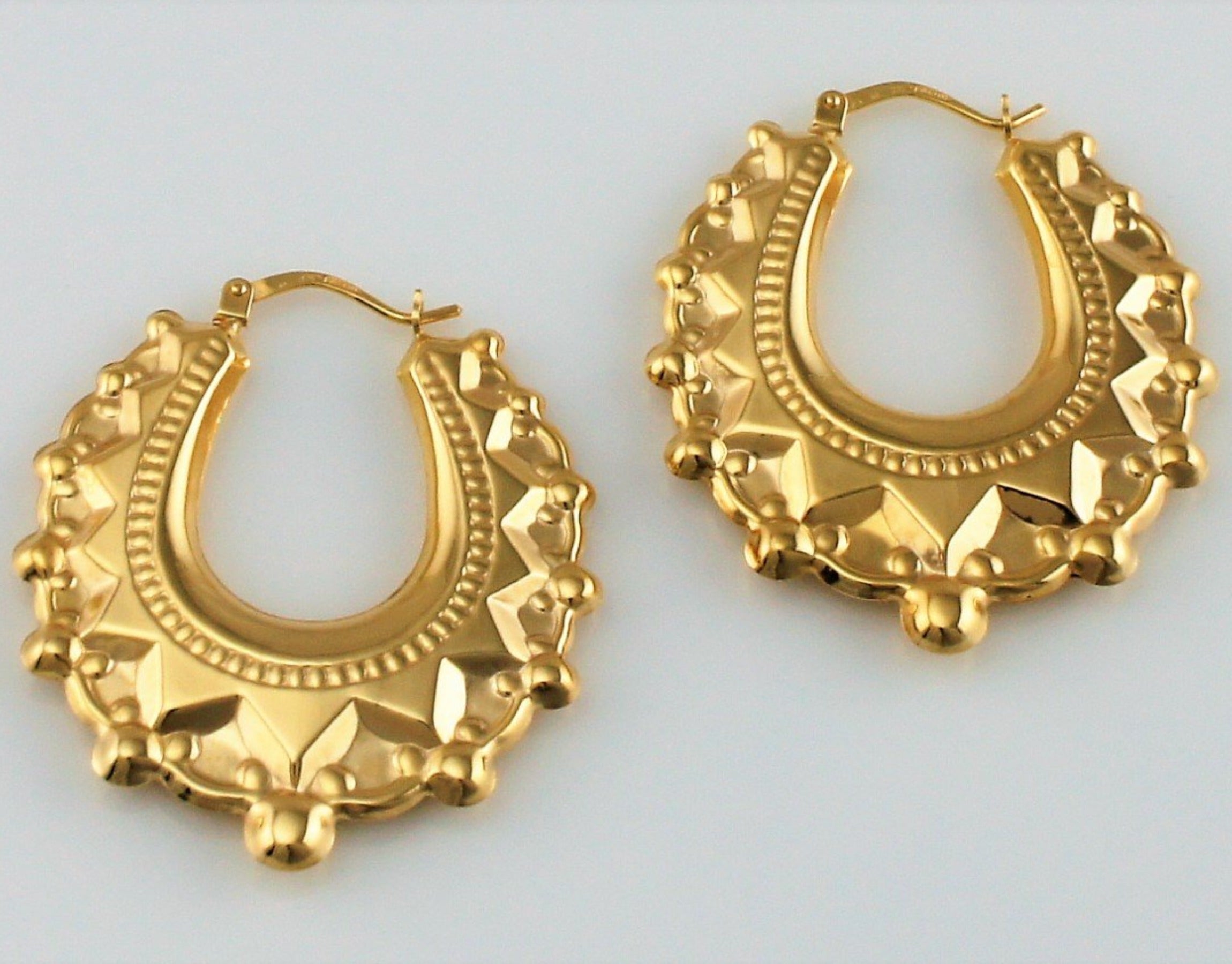 9ct Yellow Gold Victorian Style Spiked Oval Creole Hoop Earrings | Fox ...
