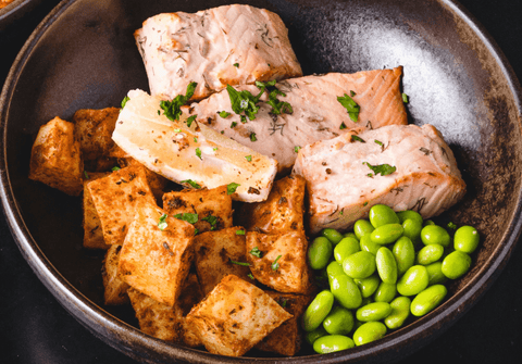 Salmon, Tofu, and Soy Beans Bowl