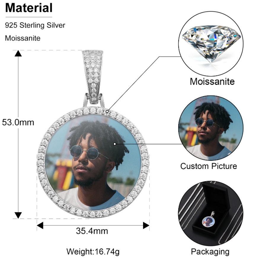 S925 Custom Photo Rose Gold Memory Medallions Solid Pendant Necklace With Moissanite Diamond- Gift For Her/Him