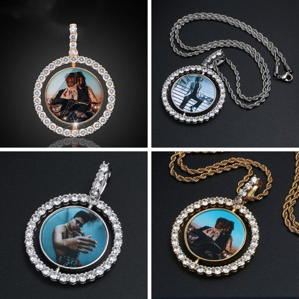 Hip Hop Necklace-Custom Photo Rotating Double-sided Medallions Pendant Necklace