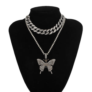 Exclusive 12MM Cuban Chain Adjustable Choker Necklace With Beautiful Tennis Chain Butterfly