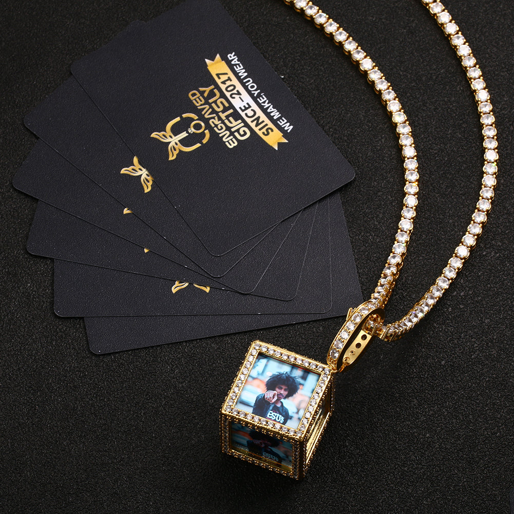 18K Gold Plating Custom Cube Pendant Photo Medallion Necklace For Men And Women