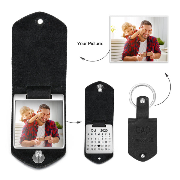 Personalized Leather Keychain With Picture and Calendar- Father's Day Gifts For Dad