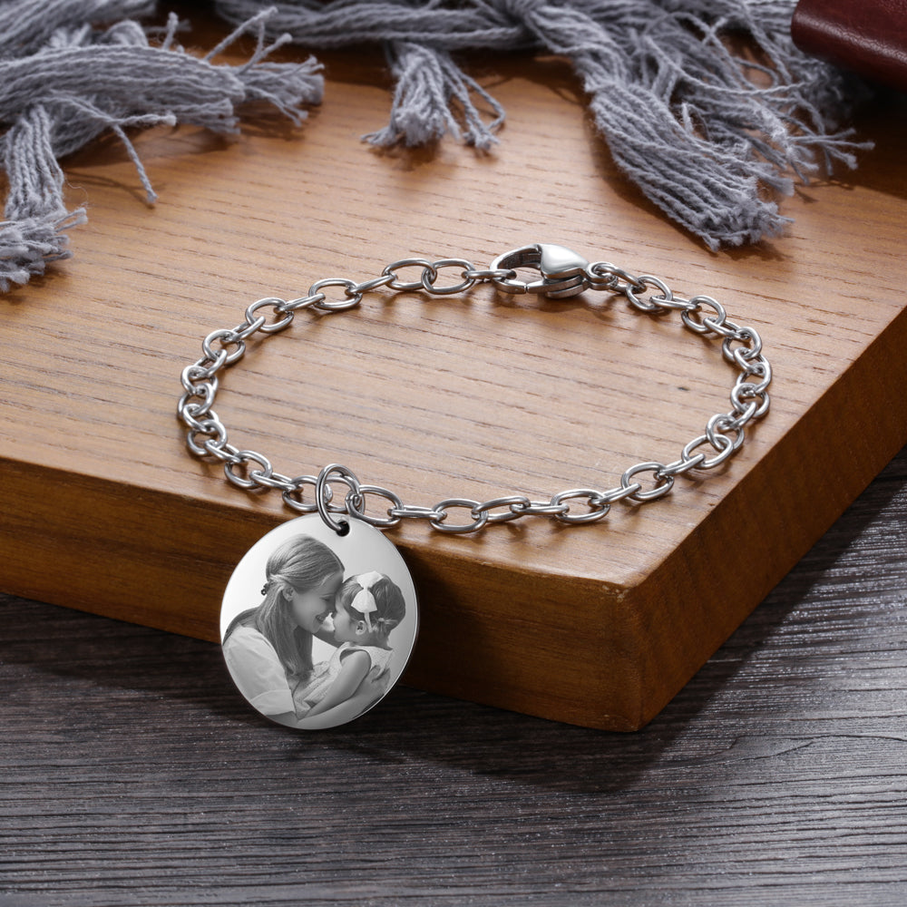 Personalized Round Photo Charm Bracelet-Engraved Bracelets For Women