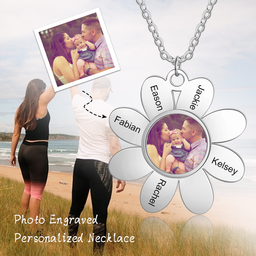 Personalized Flower Necklace With Picture & Name Engraved- Gifts For Mom