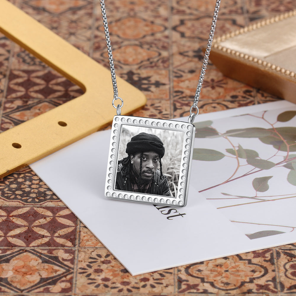 Rhodium Plated Personalized Square Photo Necklace