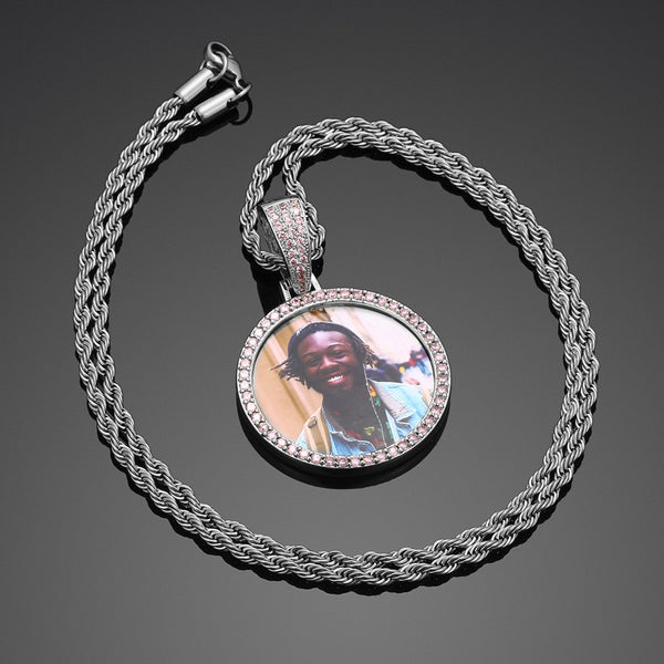 Pink AAA Cubic Zircon Custom Photo Medallion Necklace