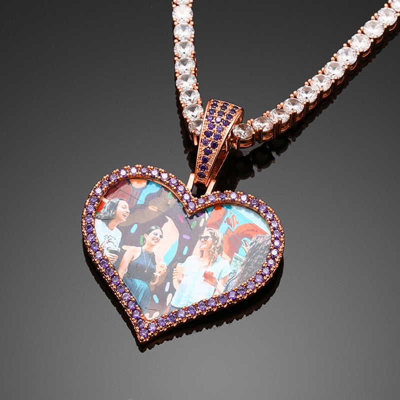Purple Stone Personalized Heart Photo Medallion Necklace