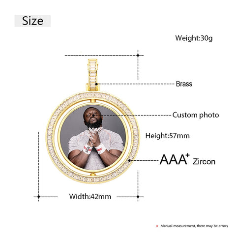 VIP CZ Stone Double Sided Photo Rotating Personalized Photo Medallion Necklace