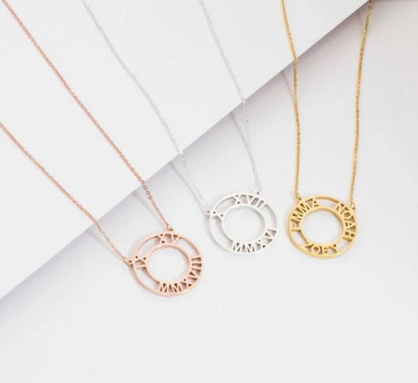 Personalized Roman Numeral Circle Necklace