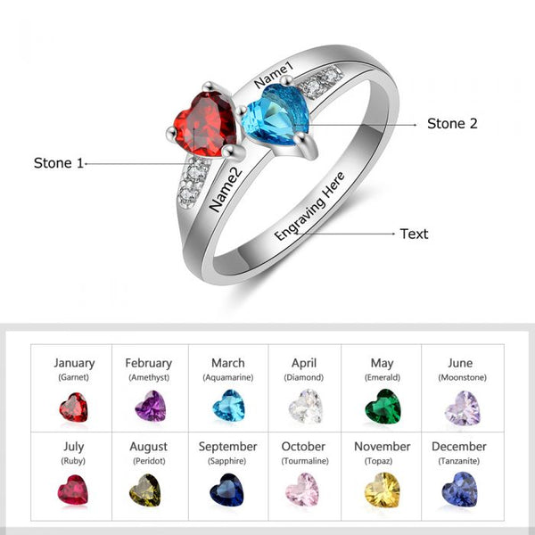 925 Sterling Silver Heart Birthstone Ring- Personalized Ring For Women