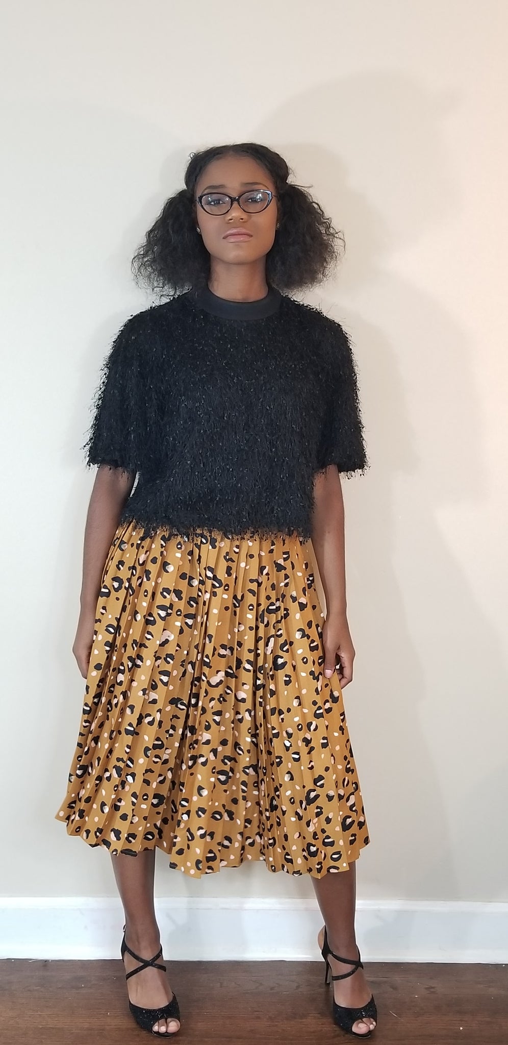 Mustard and black pleated leopard skirt 