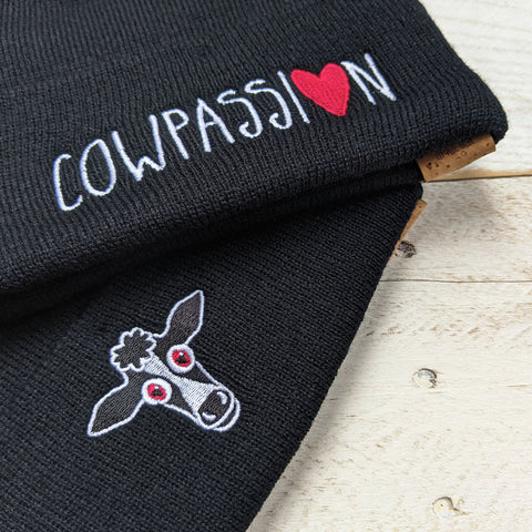 Black cow and cowpassion embroidered beanies