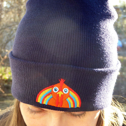 Navy beanie with chicken rainbow embroidery