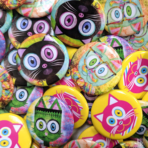 Cat themed pinback buttons