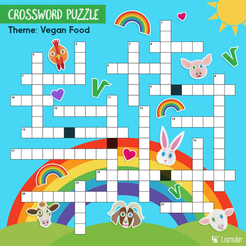 Vegan Food themed crossword puzzle with cute cartoon animals and rainbow