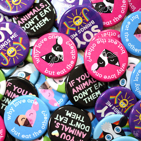 Vegan themed pinback buttons