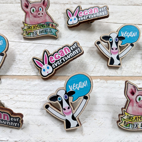 Group of vegan themed wood pins
